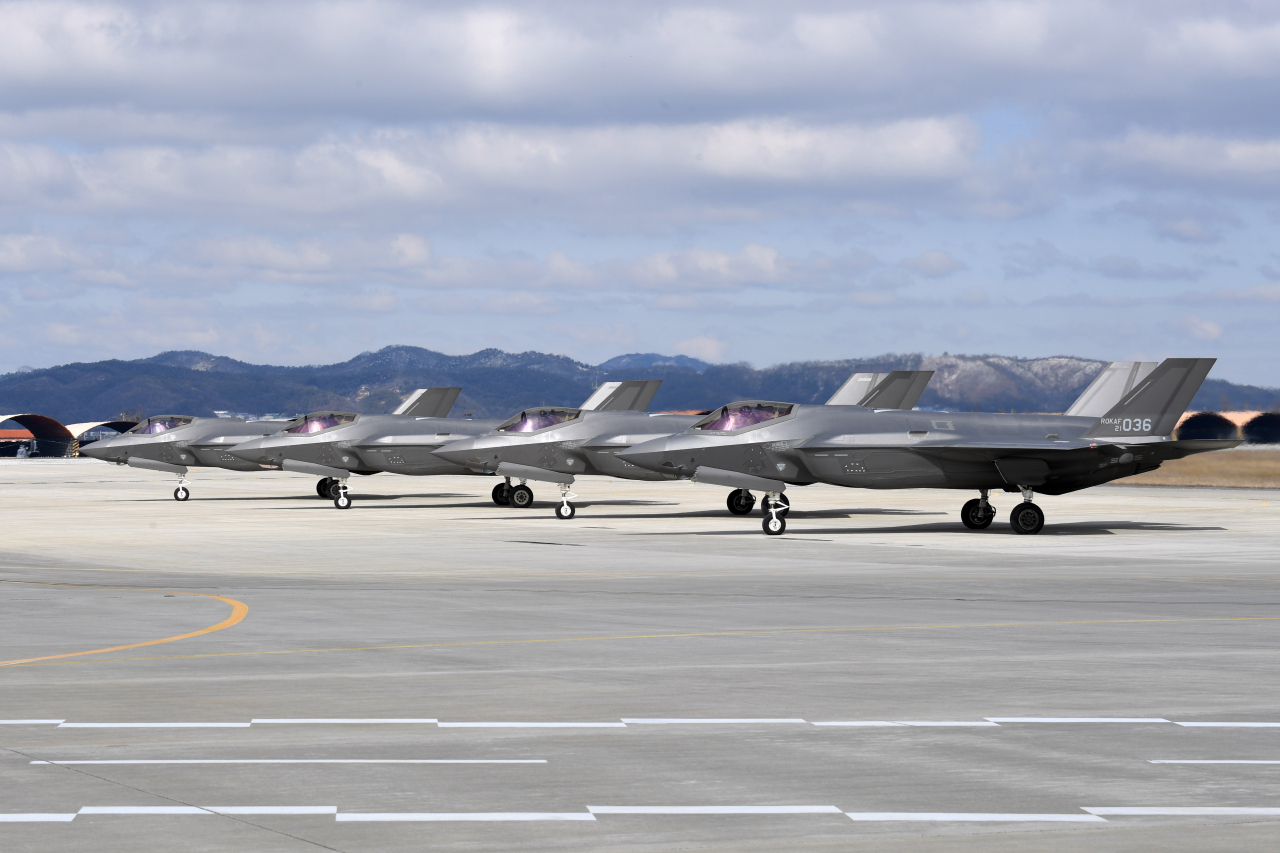 F-35 fighter jets stand ready for a joint aerial drill with the United States at Cheongju Air Base, 112 kilometers south of Seoul, on Feb. 23 in this photo provided by the Air Force. (Yonhap)