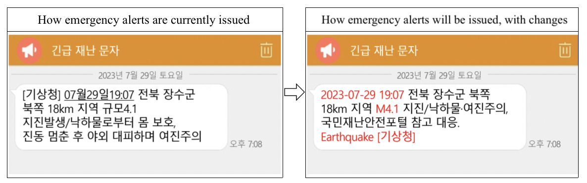 An example of how emergency text alerts will be issued starting Wednesday is demonstrated on the right. (Ministry of Interior and Safety)