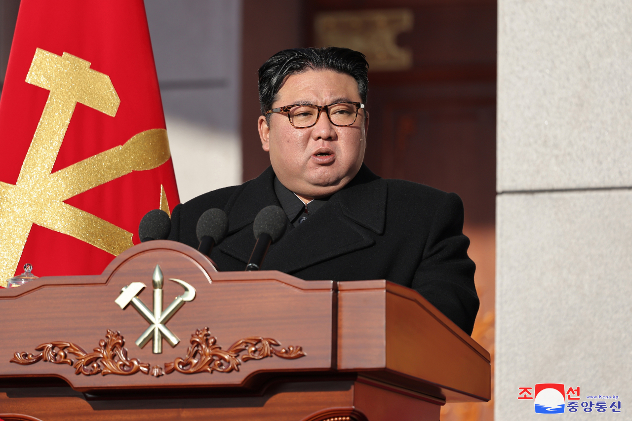 North Korean leader Kim Jong-un makes a speech during a visit to the North's Defense Ministry on Feb. 8, 2024, to mark the 76th founding anniversary of the North's Korean People's Army, in this photo released by the Korean Central News Agency the next day. (Yonhap)