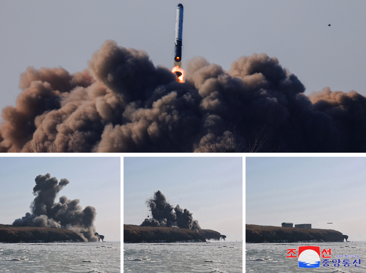 North Korea stages a missile launch on Feb. 2, 2024, in this composite photo released by the Korean Central News Agency the next day. The country conducted what its state media called a 