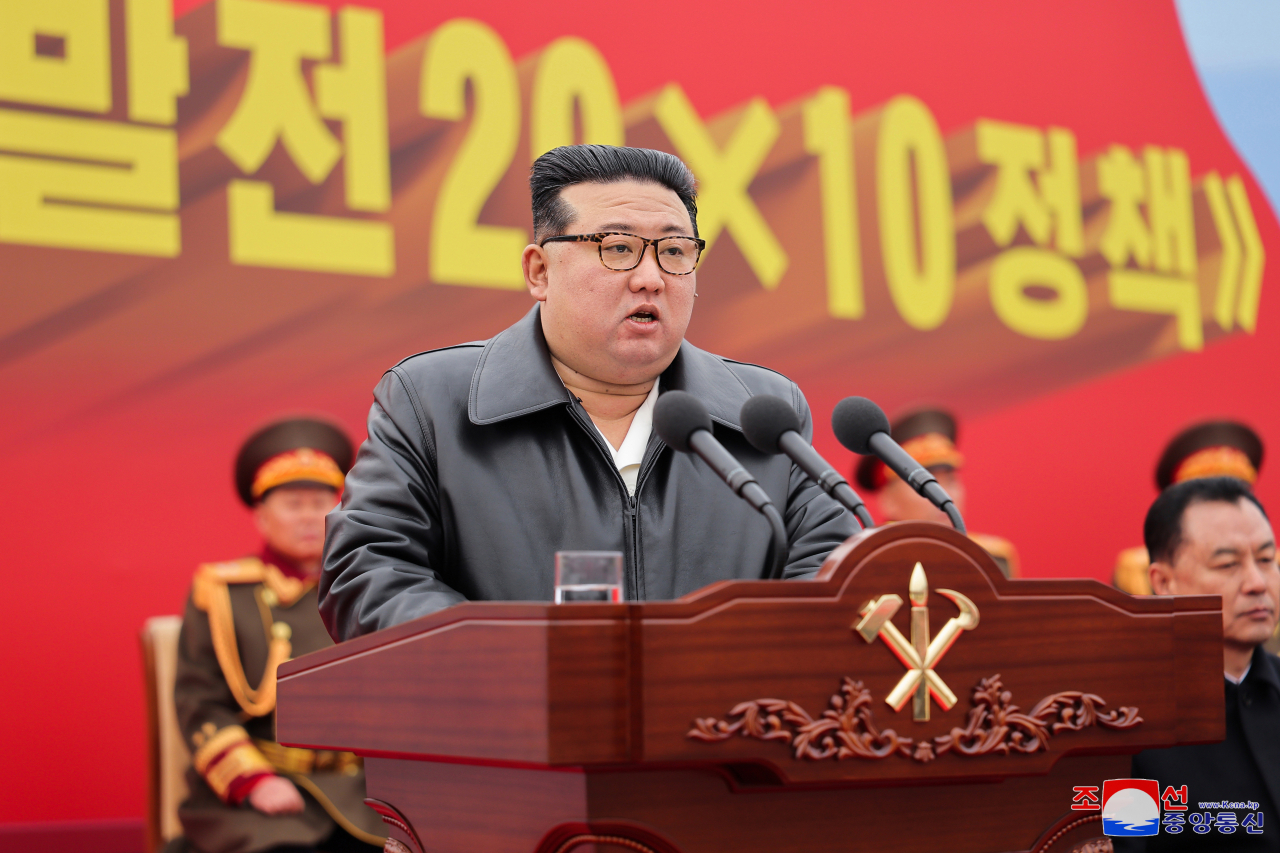 North Korean leader Kim Jong-un delivers a speech during a ground-breaking ceremony for the first factory to be built under the North's Regional Development 20x10 Policy in Songchon County, South Pyongan Province, on Wednesday.(Yonhap)