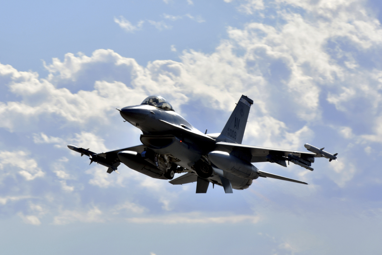 A F-16 Fighting Falcon from the 510th Fighter Squadron takes off during Red Flag 24-1 at Nellis Air Force Base, Nevada, on Jan 25, 2024. (US Air Force)