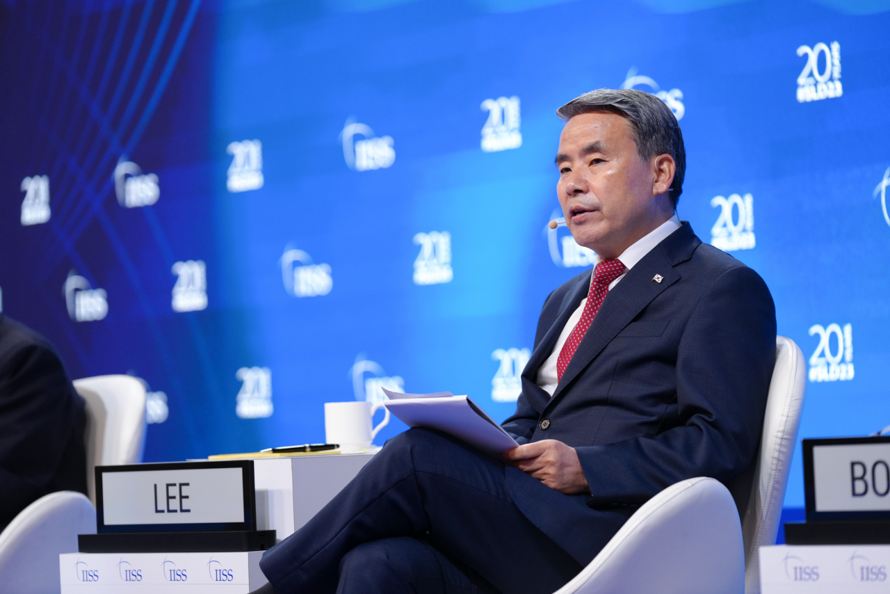 Then-South Korean Defense Minister Lee Jong-sup speaks during the main session of the Shangri-La Dialogue in Singapore on June 3, 2023. (International Institute for Strategic Studies)