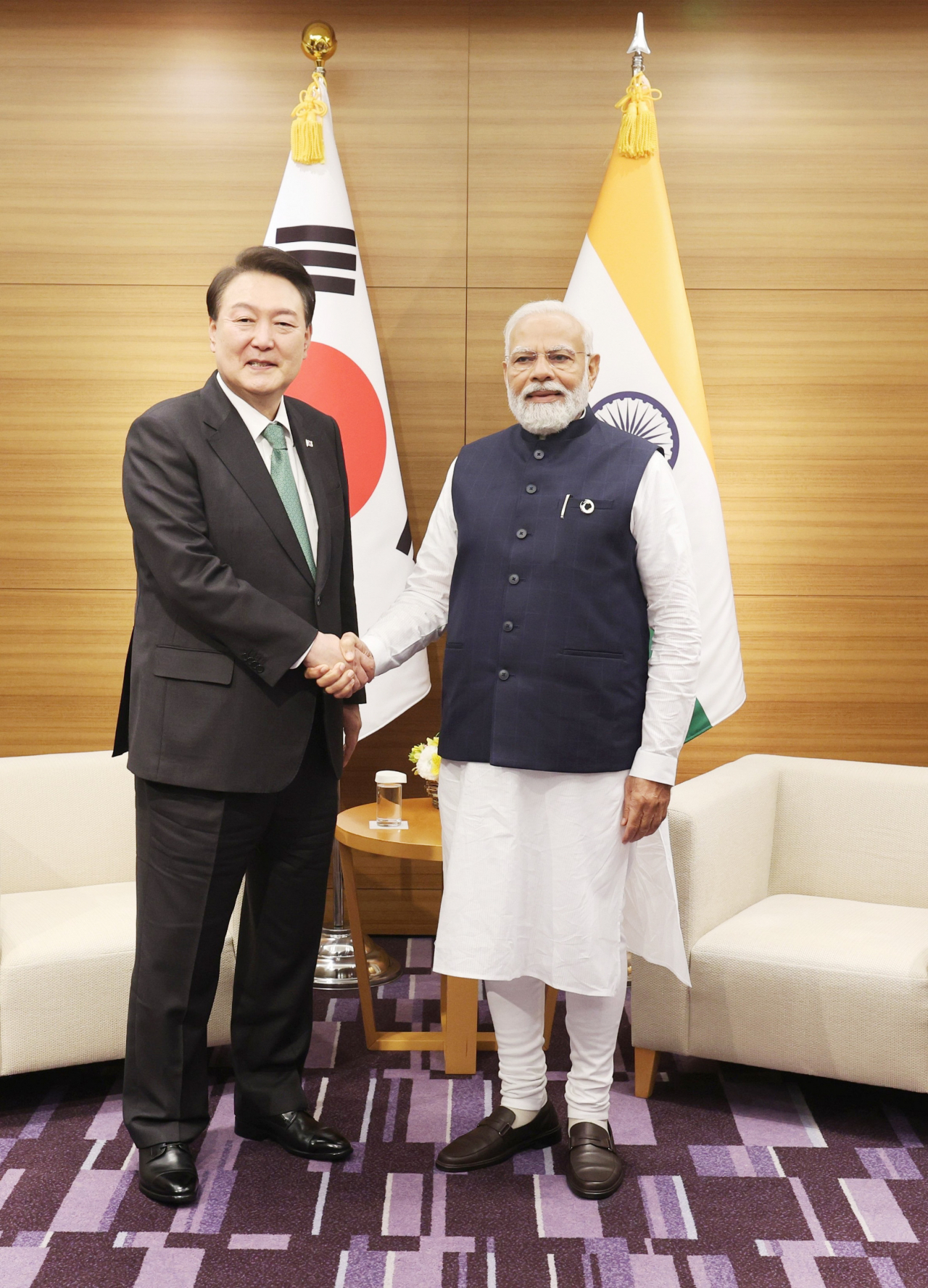 Indian Prime Minister Narendra Modi meets President Yoon Suk Yeol in Hiroshima on the sidelines of G-7 Summit on 20 May 2023. (Prime Minister's Office, Government of India)