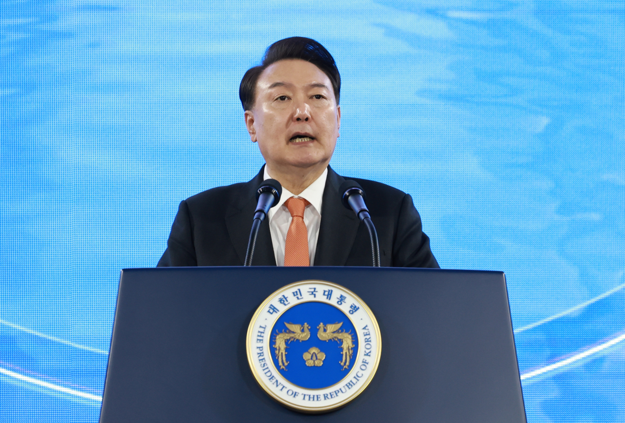 President Yoon Suk Yeol speaks during a groundbreaking ceremony for a 220-megawatt cluster of data centers in Chuncheon, Gangwon State