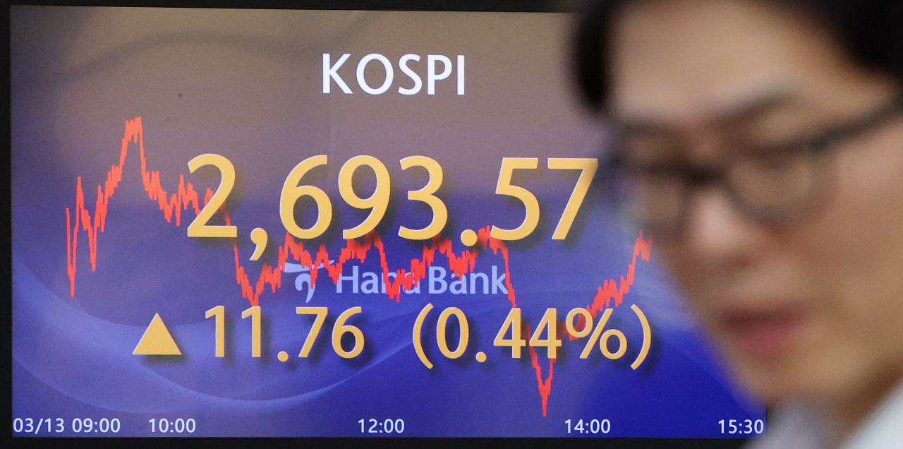 Electronic board at a dealing room of the Hana Bank headquarters in Seoul shows the Kospi closing at 2,963.57 points on Wednesday. (Yonhap)