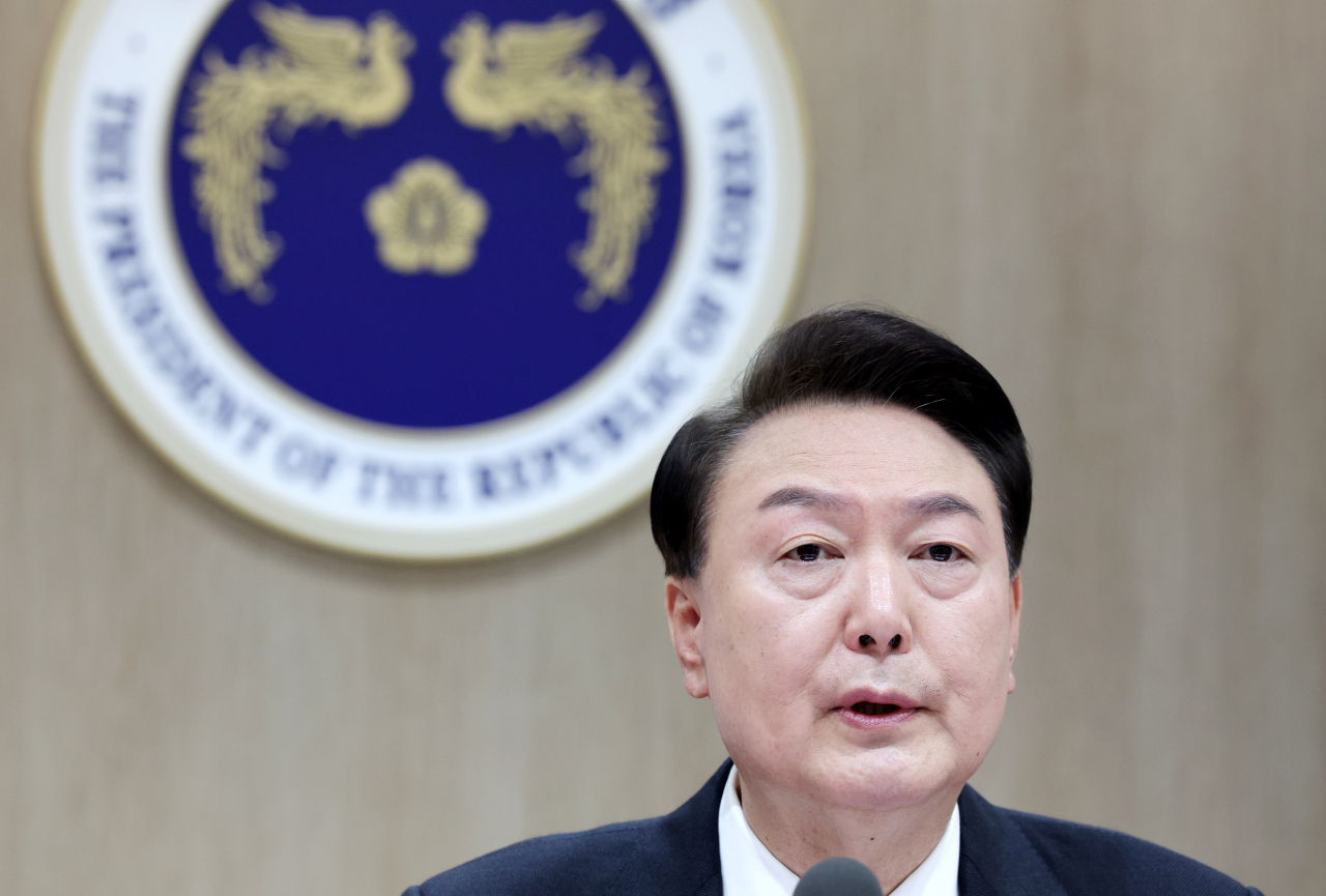 President Yoon Suk Yeol speaks during a Cabinet meeting at the presidential office in Seoul on Tuesday. (Yonhap)