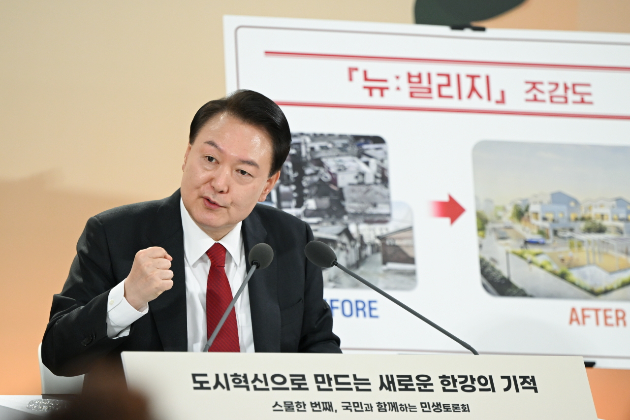 President Yoon Suk Yeol speaks during the 21st policy debate held at Seoul Art Space Mullae in Yeongdeungpo-gu, Seoul on Tuesday. (Presidential office)