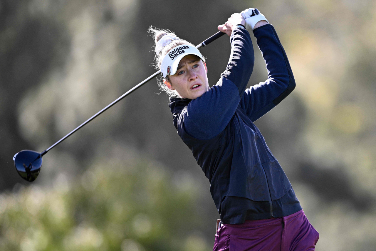 Nelly Korda of the United States tees off on the fourth hole during the final round of the Fir Hills Seri Pak Championship at Palos Verdes Golf Club in Palos Verdes Estates, California, on Sunday. (Getty Images)