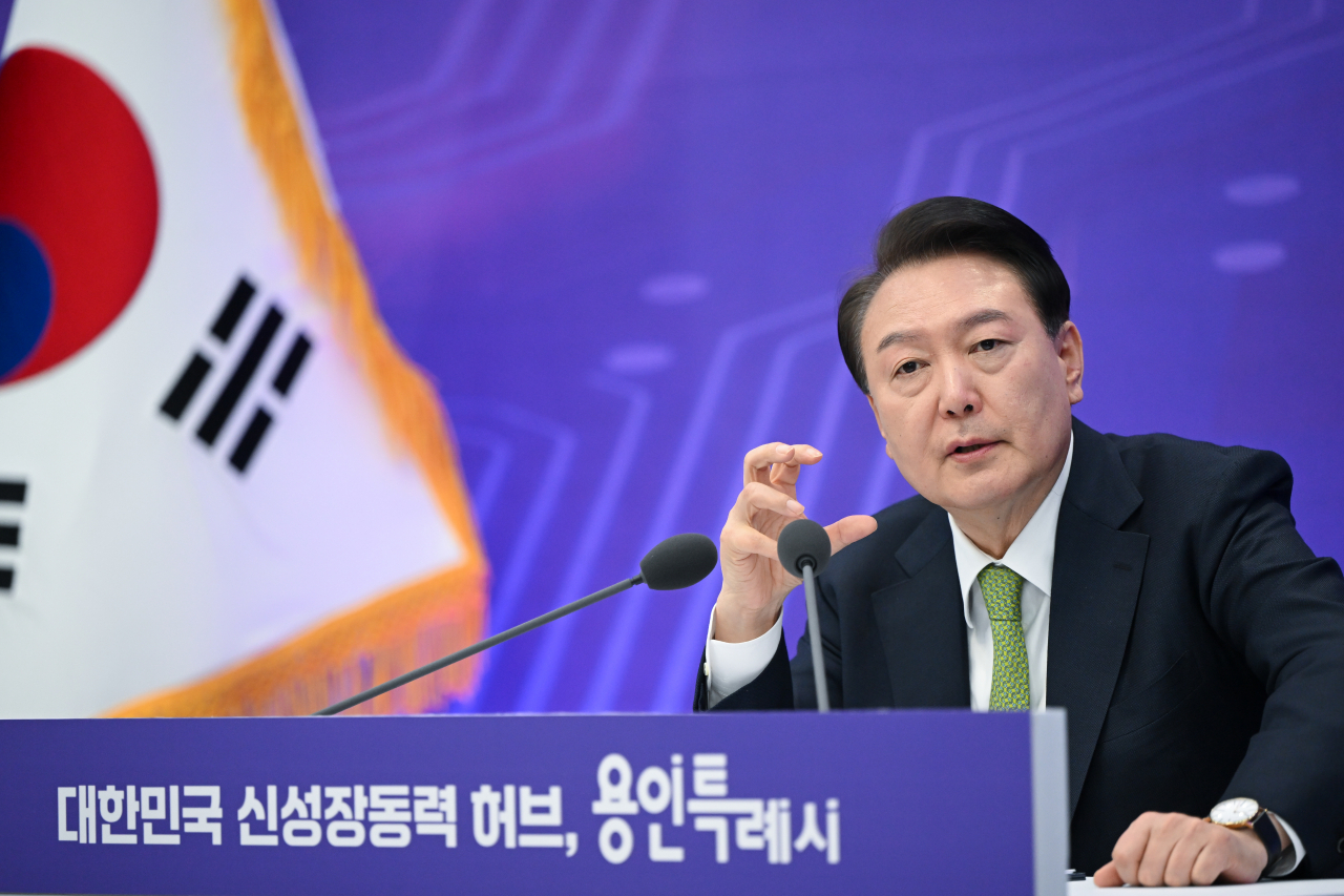 President Yoon Suk Yeol speaks during the 23rd policy debate held in Yongin, Gyeonggi Province, on Monday. (Presidential Office)