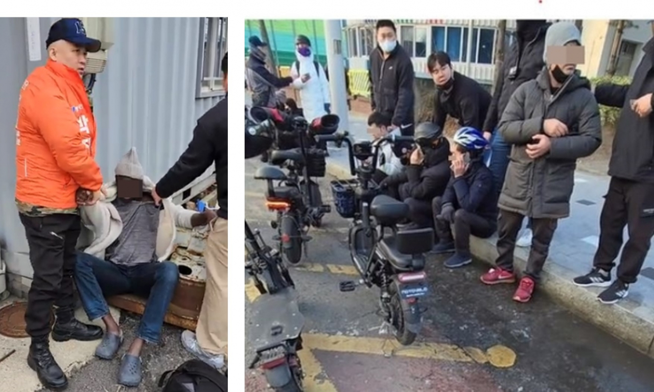 Park Jin-jae (left), a candidate for the National Assembly from the Liberty Unification Party, has posted videos online where he and members of the Citizens' Protection Alliance detain people who appear to be migrant workers on the street in Daegu and demand their identification. (Park's YouTube and TikTok channels)