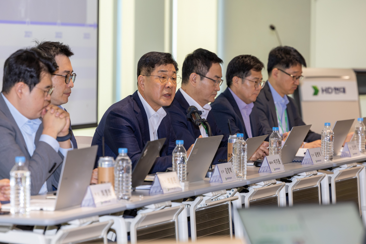 HD Hyundai Marine Solution CEO Lee Ki-dong (third from left) speaks during a press conference held on Tuesday at the company's Global Research and Development Center in Seongnam, just south of Seoul, in anticipation of the company's initial public offering in May. (HD Hyundai)