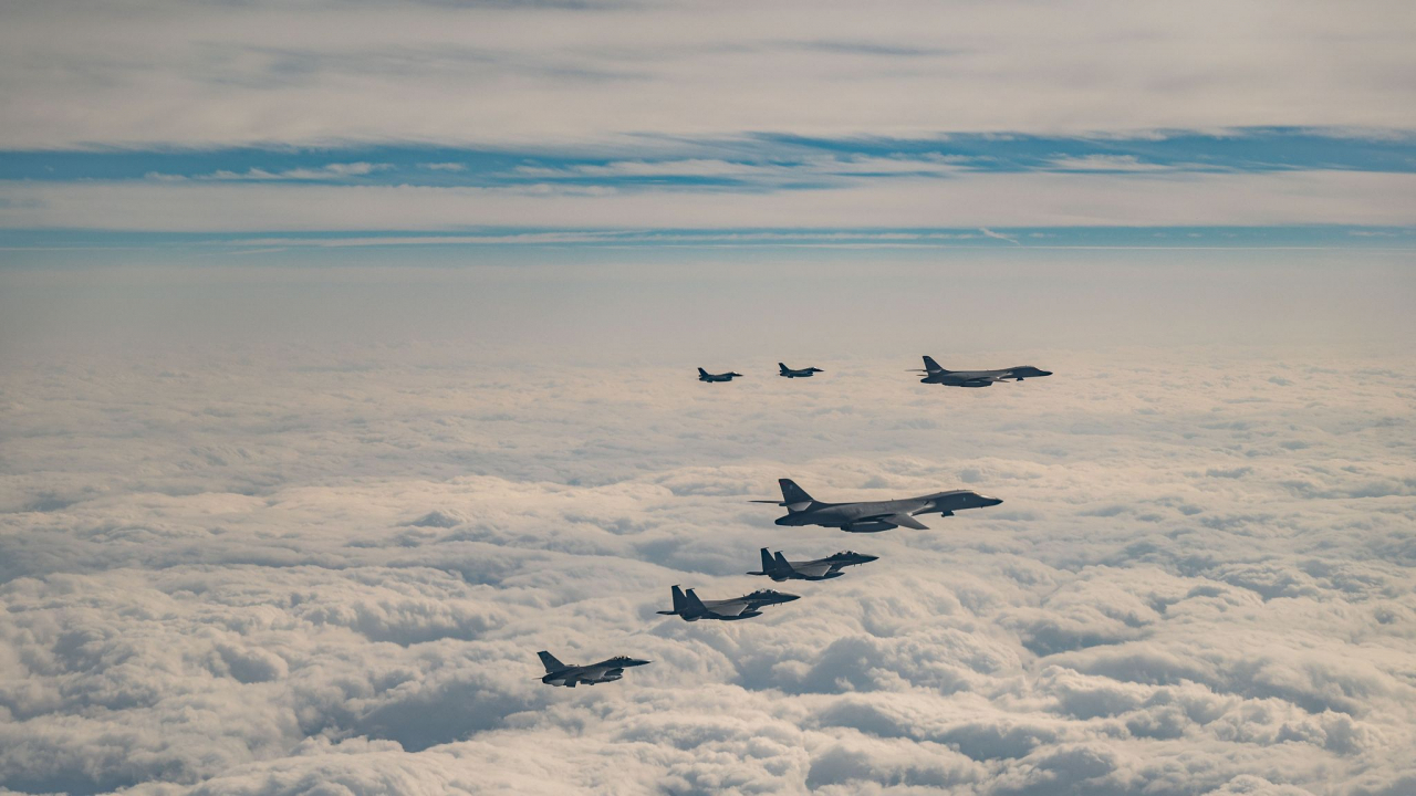 For the second time this year, fighter aircraft from South Korea, the US and Japan conducted a trilateral escort flight of US bombers operating in the Indo-Pacific, Dec. 20, 2023. (US Air Force)