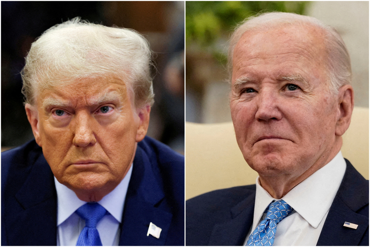Combination picture showing former US President Donald Trump attending the Trump Organization civil fraud trial, in New York State Supreme Court in the Manhattan borough of New York City, U.S., November 6, 2023 and U.S. President Joe Biden participating in a meeting with Italy's Prime Minister Giorgia Meloni in the Oval Office at the White House in Washington, U.S., March 1, 2024. (Reuters)