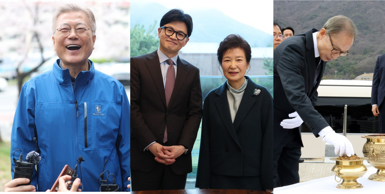 Combined picture of former President Moon Jae-in (first photo from the left) smiling in front of the press at a campaign rally in Changwon, South Kyungnam Province, Park Geun-hye (right in the middle photo) standing next to People Power Party's interim leader Han Dong-hoon and Lee Myung-bak (third photo from the left) paying respect to the victims of the 2010 Cheonan attack. (Yonhap)