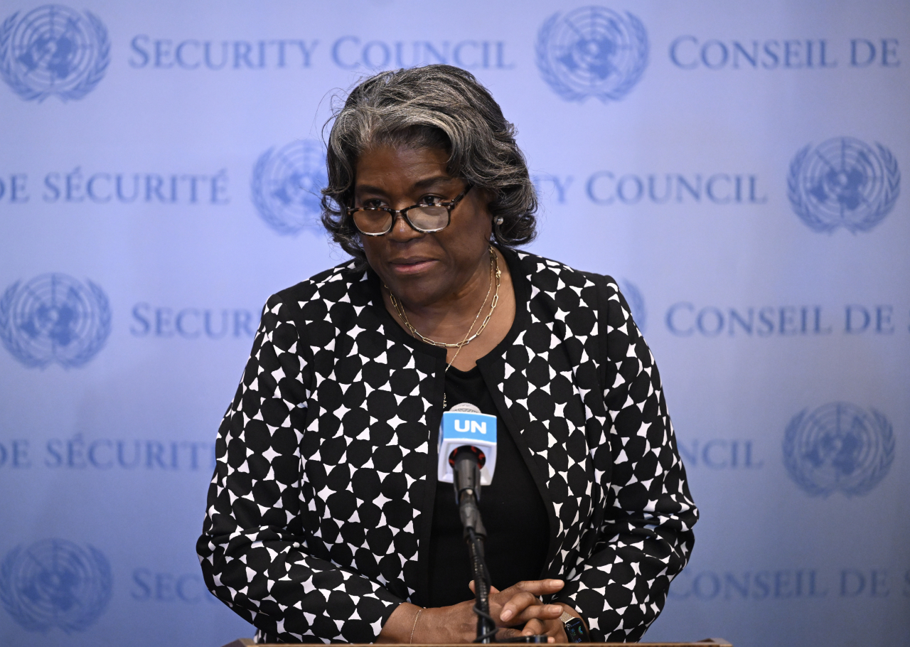 Permanent Representative of the United States to the United Nations, Linda Thomas-Greenfield speaks to the press after US vetoed Algerian draft resolution calling for immediate humanitarian cease-fire in Gaza on Feb. 20 in New York, United States. (Getty Images)