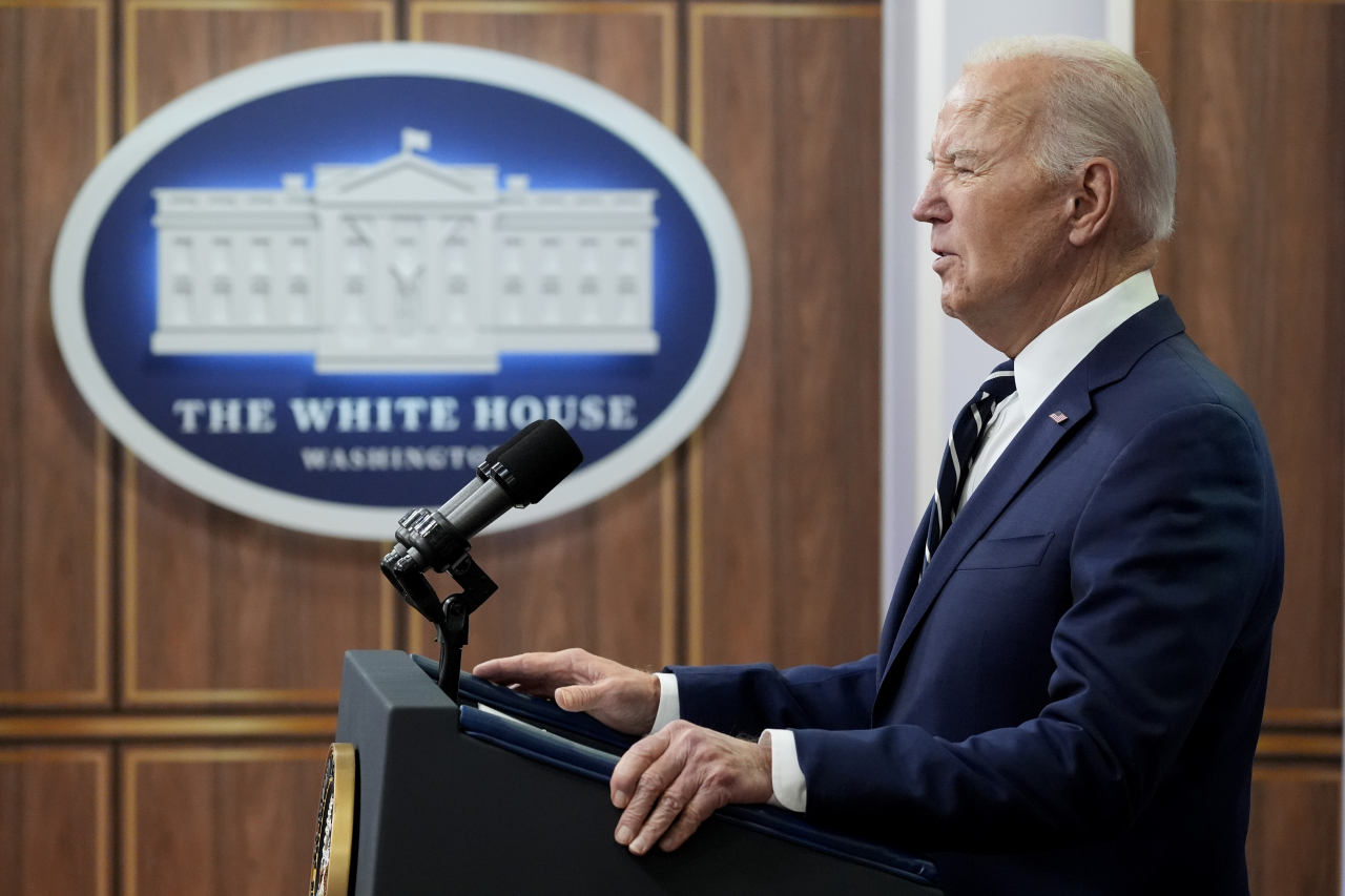 President Joe Biden speaks to the National Action Network Convention remotely from the South Court Auditorium of the White House, Friday, in Washington. (AP)
