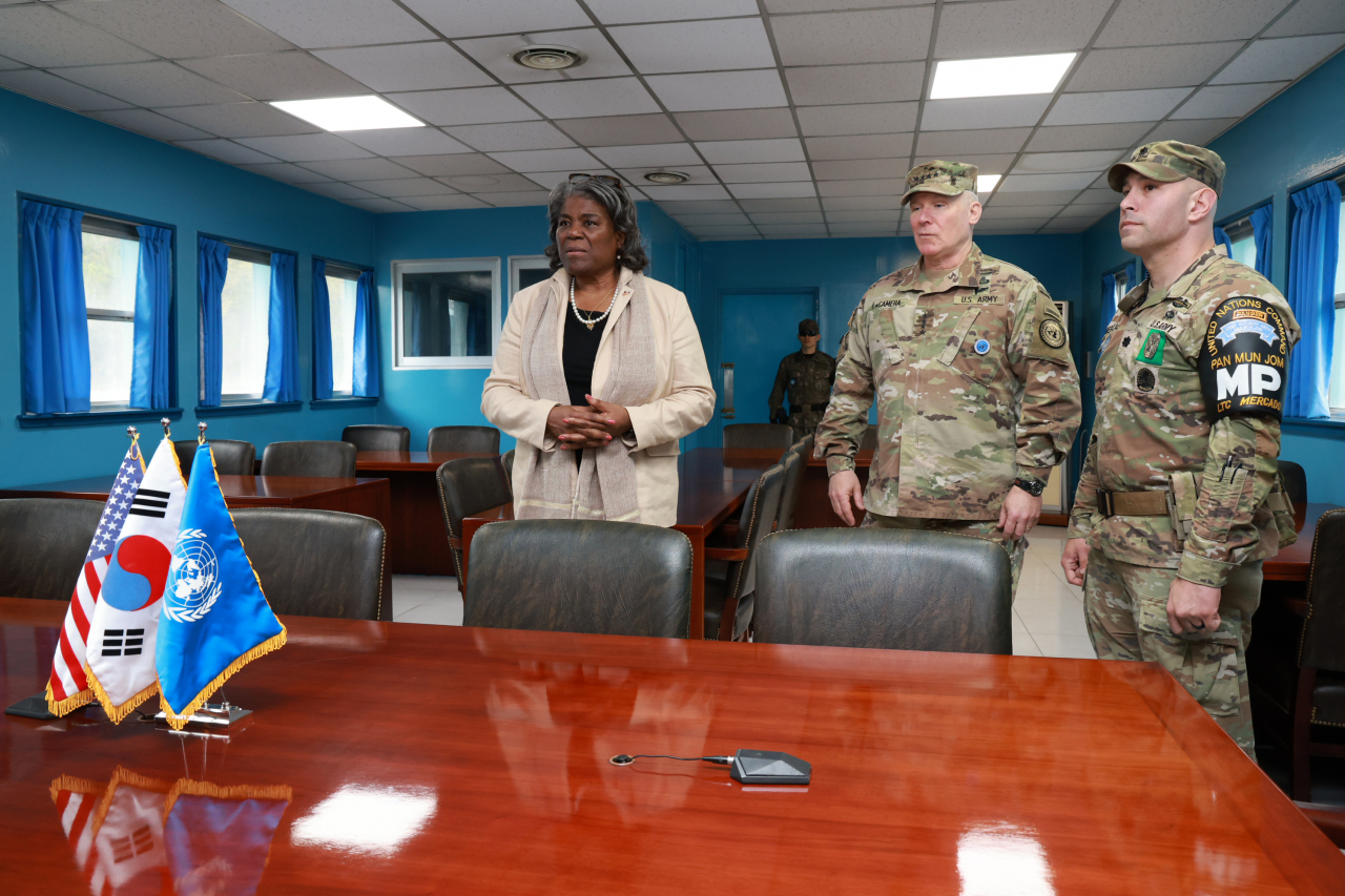 US Ambassador to the United Nations Linda Thomas-Greenfield visits the conference building of the United Nations Command Military Armistice Commission straddling the inter-Korean border in the Joint Security Area of the Demilitarized Zone. (Pool photo/ Korea Herald)