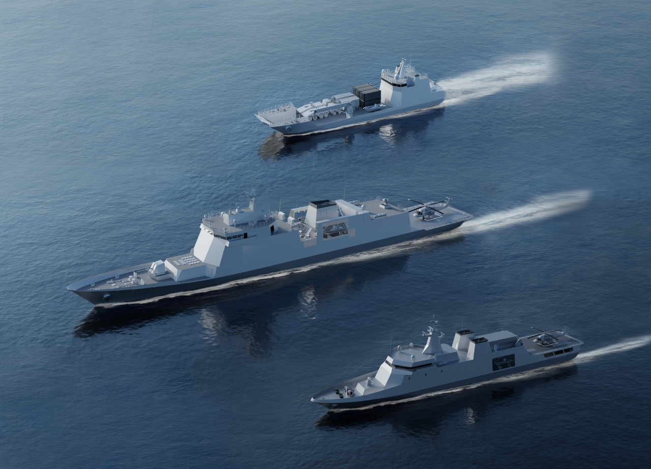 A rendered image shows HD Hyundai Heavy Industries warships -- the 3,400-ton frigate (middle), 2,200-ton offshore patrol vessel (bottom) and 1,400-ton landing craft utility -- to be built for the Peruvian Navy. (HD Hyundai)