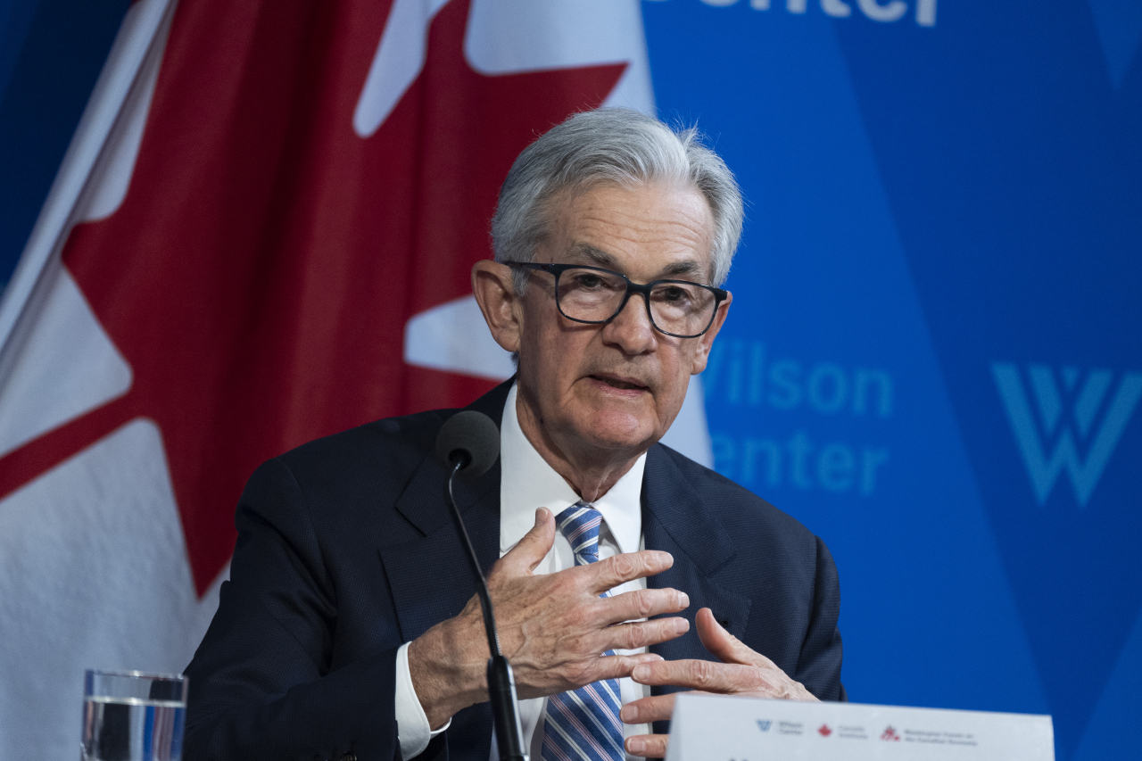 Federal Reserve Chair Jerome Powell participates in a Washington Forum on the Canadian Economy, together with Tiff Macklem, Governor of the Bank of Canada, Wednesday, in Washington. (AP-Yonhap)