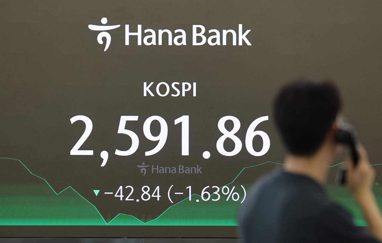 An electronic board in a dealing room of the Hana Bank headquarters in Seoul shows the Korea Composite Stock Price Index closed at 2,591.85 on Friday. (Yonhap)