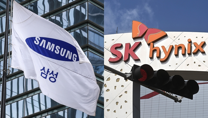 Samsung logo flag hangs outside its office building in southern Seoul (left) and SK hynix headquarters in Icheon, Gyeonggi Province (Newsis)