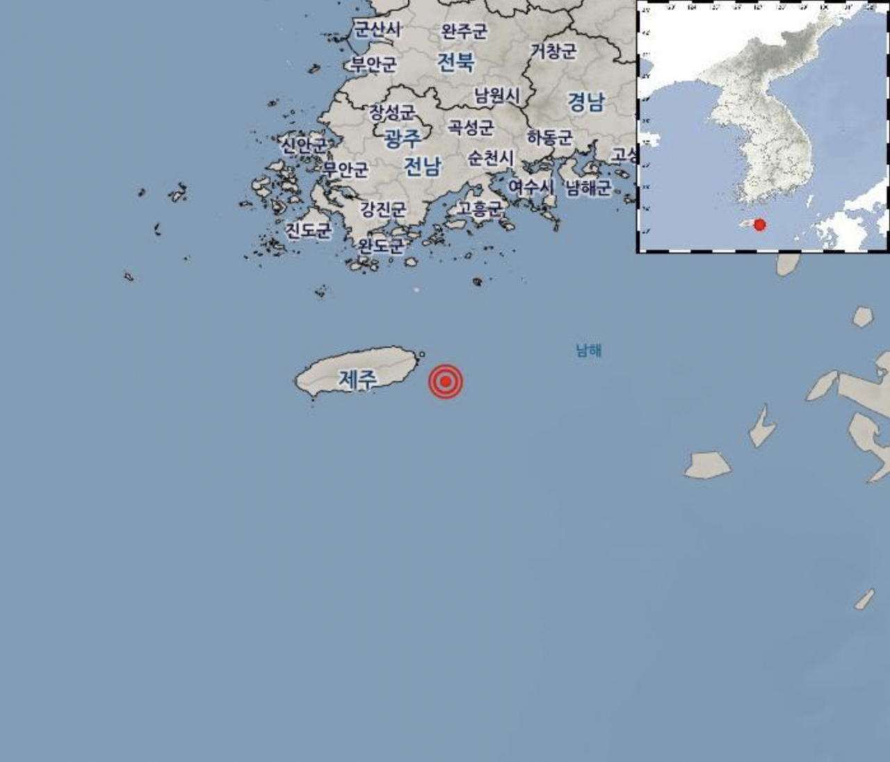 This image shows a red dot where a minor quake occurred near the southern island of Jeju on Monday. (Korea Meteorological Administration)