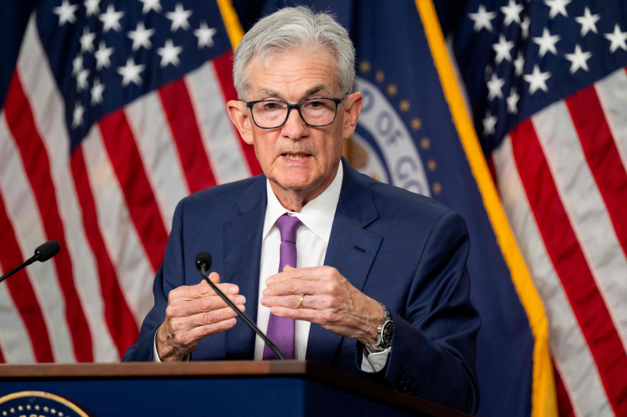 US Federal Reserve Chair Jerome Powell holds a press conference at the end of Federal Open Market Committee meeting in Washington, DC, on Wednesday. (AP-Yonhap)