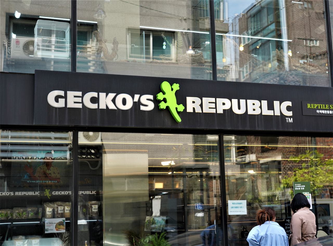 Passersby look at the reptiles on display at Gecko's Republic in Mapo-gu, western Seoul. (Lee Si-jin/The Korea Herald)