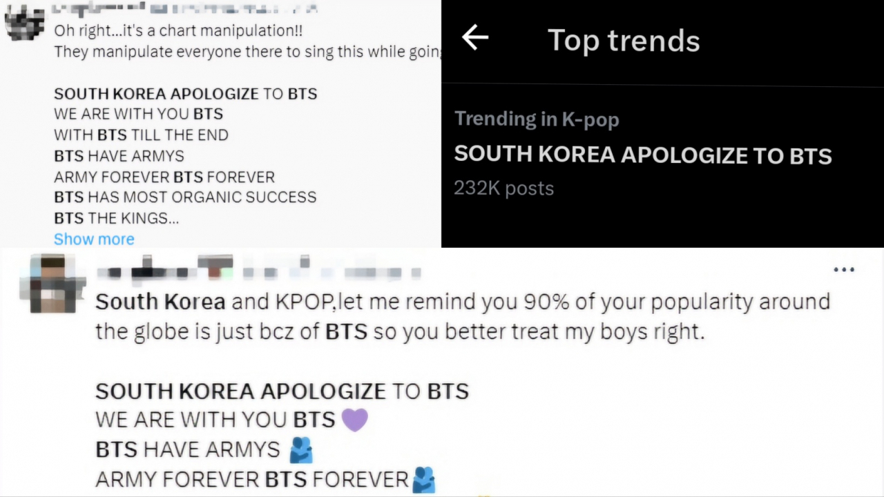 Captured images of X posts which demand the South Korean government to apologize to BTS. (Screenshot of X)