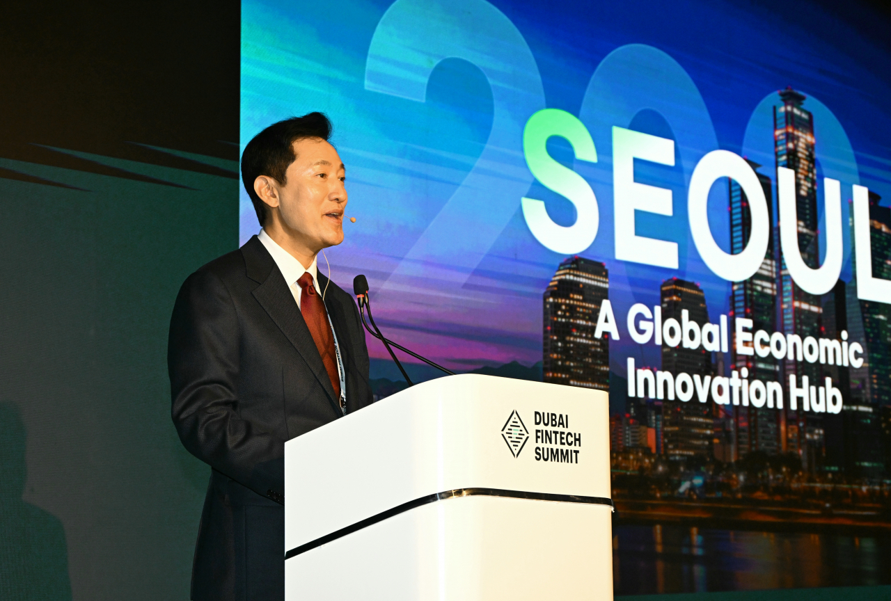 Seoul Mayor Oh Se-hoon delivers a keynote speech titled “Seoul - A Global Economic Innovation Hub” during the Dubai Fintech Summit in Dubai, United Arab Emirates, Monday. (Seoul Metropolitan Government)