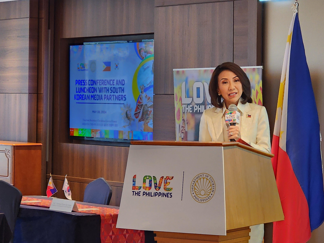Philippine Tourism Department Secretary Christina Frasco speaks during a press conference at Lotte Hotel Seoul in Jung-gu, central Seoul, May 8. (Philippine Tourism Department)