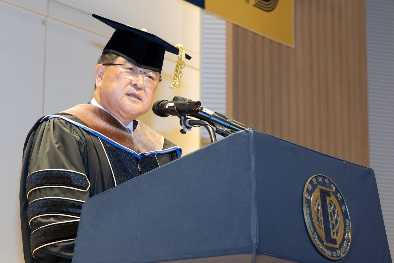 HD Hyundai Chairman Kwon Oh-gap speaks after receiving an honorary doctorate at Hankuk University of Foreign Studies in Seoul on Friday. (HD Hyundai)
