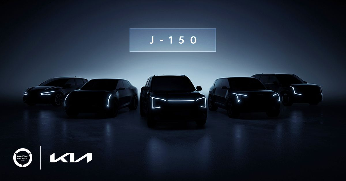 A teaser image shows what is likely Kia's electric vehicle lineup for the 2024 Paris Motor Show, featuring silhouettes of five models with distinctive LED lighting accents. The label 