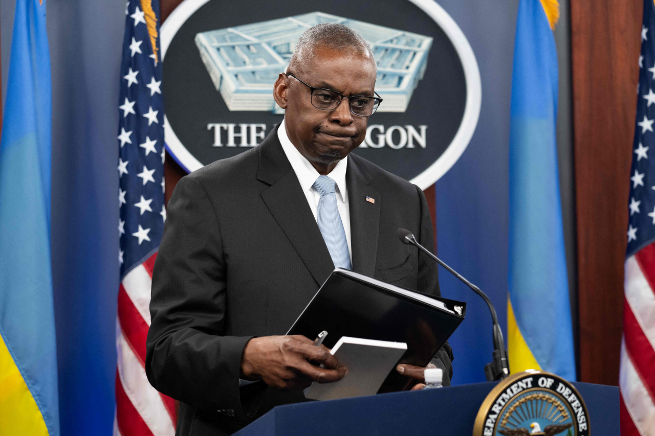 US Secretary of Defense Lloyd Austin speaks during a media briefing at the Pentagon in Washington, DC, Monday. (AFP-Yonhap)