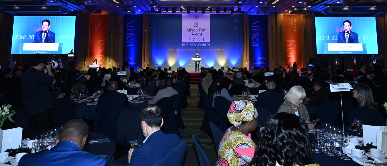 Choi Jin-young, president of the Herald Media Group makes an opening speech at the Korea-Africa Day 2024 Business Forum held at the Swiss Grand Hotel in Seoul on Thursday. (Lee Sang-sub/The Korea Herald)