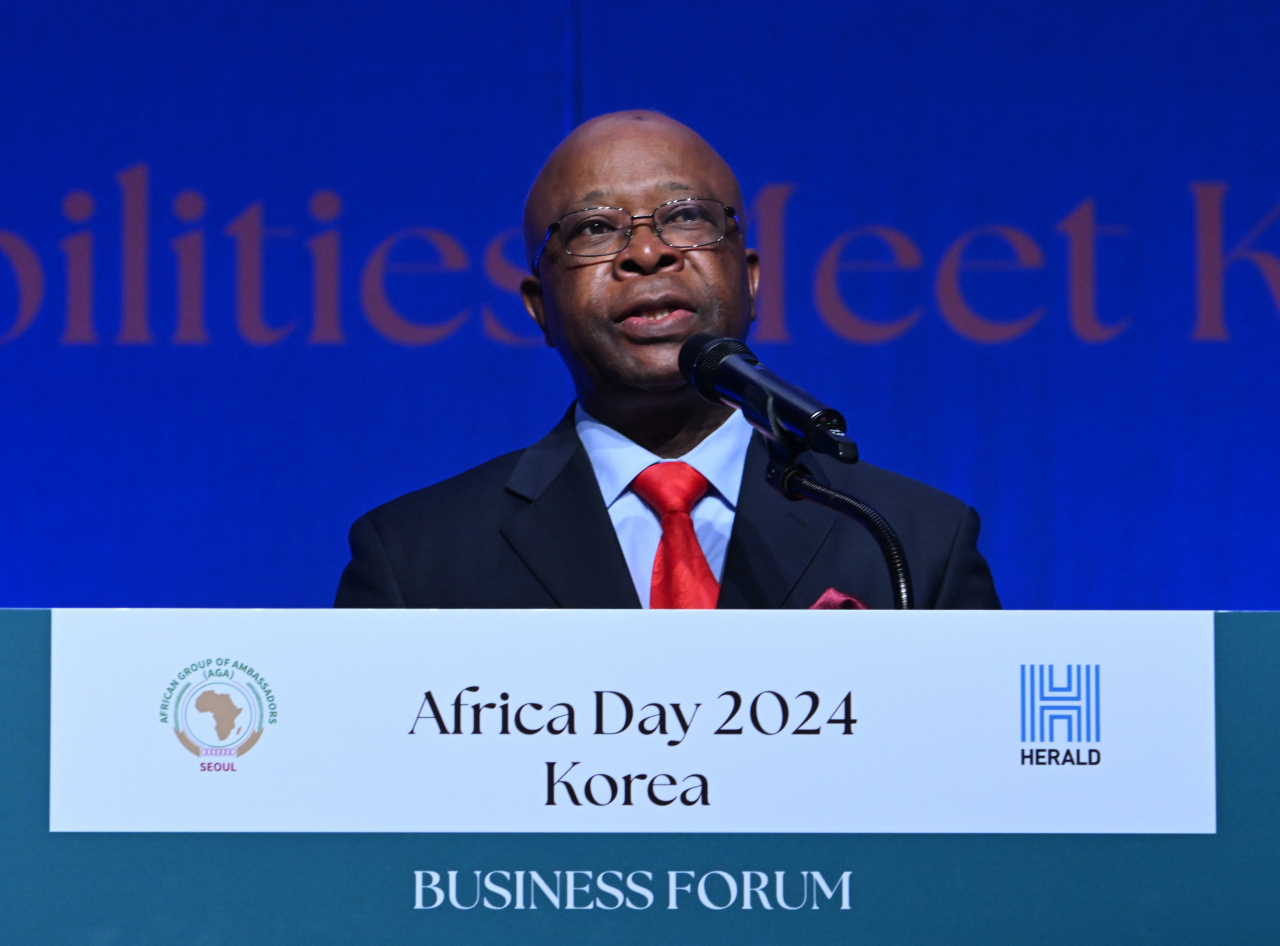 Carlos Victor Boungou, dean of the African Group of Ambassadors and Ambassador of the Gabonese Republic, speaks at the Korea-Africa Day 2024 Business Forum held at the Swiss Grand Hotel in Seoul on Thursday. (Im Se-jun/The Korea Herald)