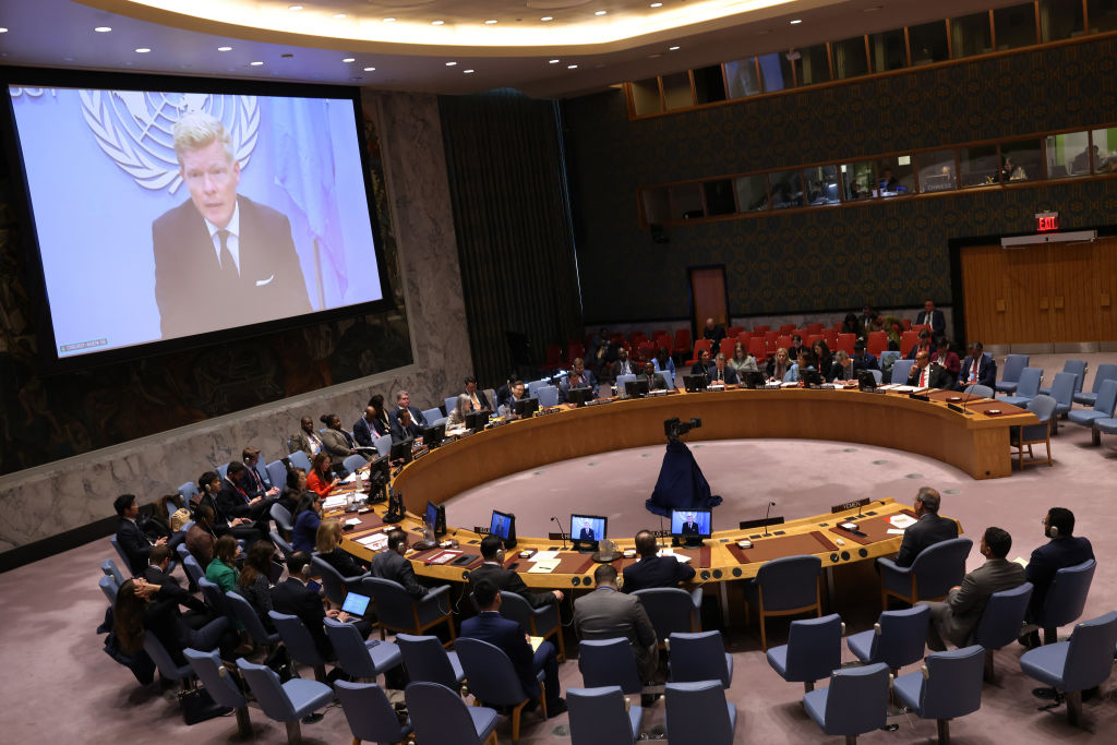 Members of the United Nations Security Council listen as Special Envoy of the Secretary-General for Yemen Hans Grundberg speaks during a meeting on the war in Gaza on at the United Nations headquarters May 13, 2024 in New York City. (Getty Images)