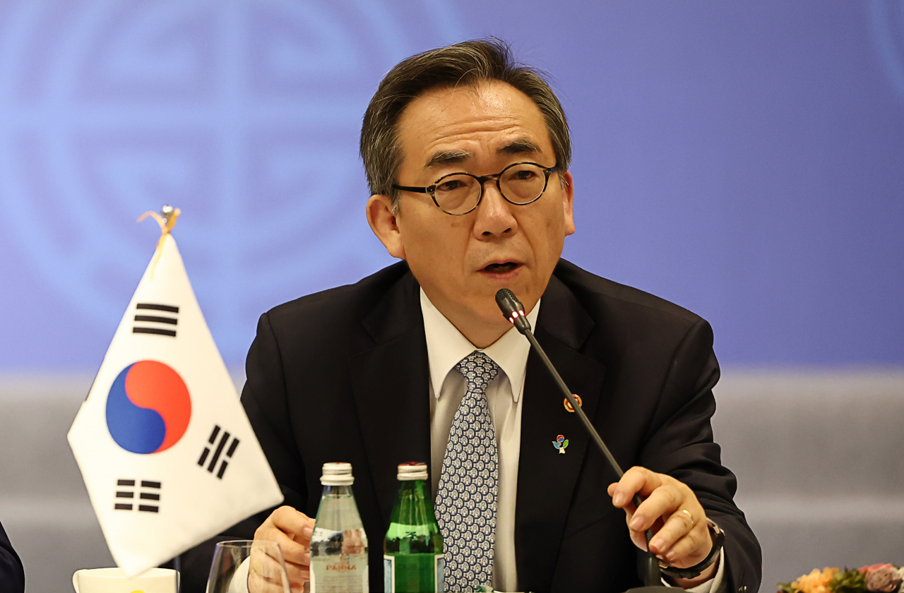 Foreign Minister Cho Tae-yul delivers an opening remark at the foreign ministers' meeting of the 2024 Korea-Africa Summit on Sunday. (Foreign Ministry)