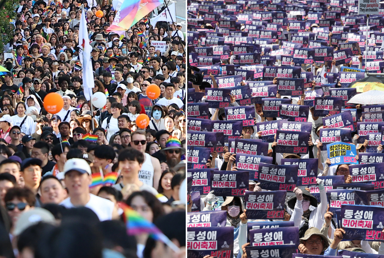 This combined photo shows the participants of the 25th Seoul Queer Culture Festival marching near the Jonggak Station in Seoul on June 1 (left), while anti-homosexuality protest wages on near the city hall on the same day. (Yonhap)