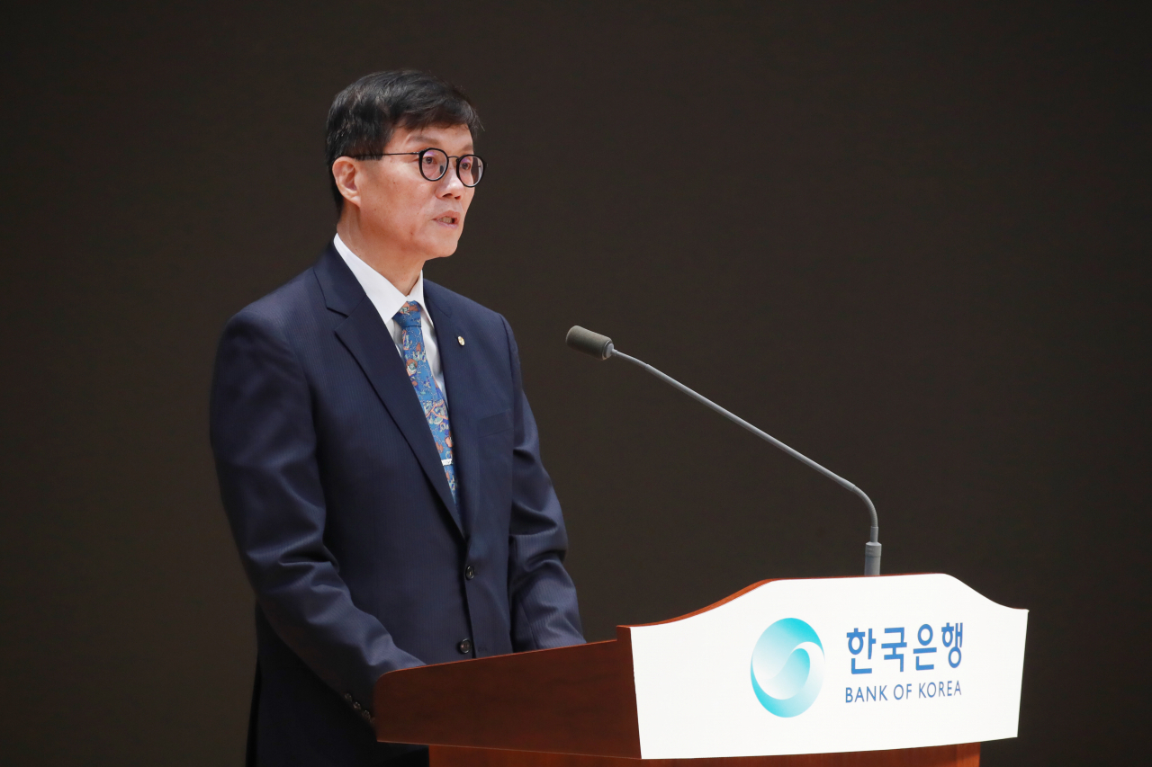 Bank of Korea Gov. Lee Chang-yong delivers a speech during a ceremony marking the 74th anniversary of the BOK held at the central bank's building in Seoul on Wednesday. (Yonhap)