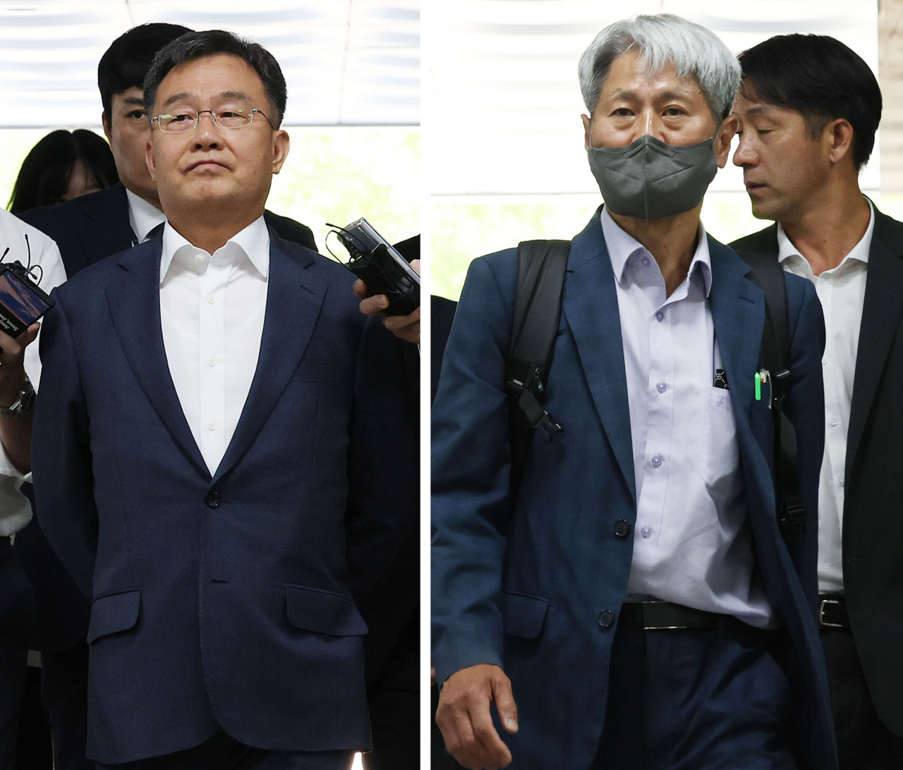 Kim Man-bae (left), a journalist-turned-property developer, and journalist Shin Hak-lim arrive at the Seoul Central District Court on Thursday for a court hearing. (Yonhap)