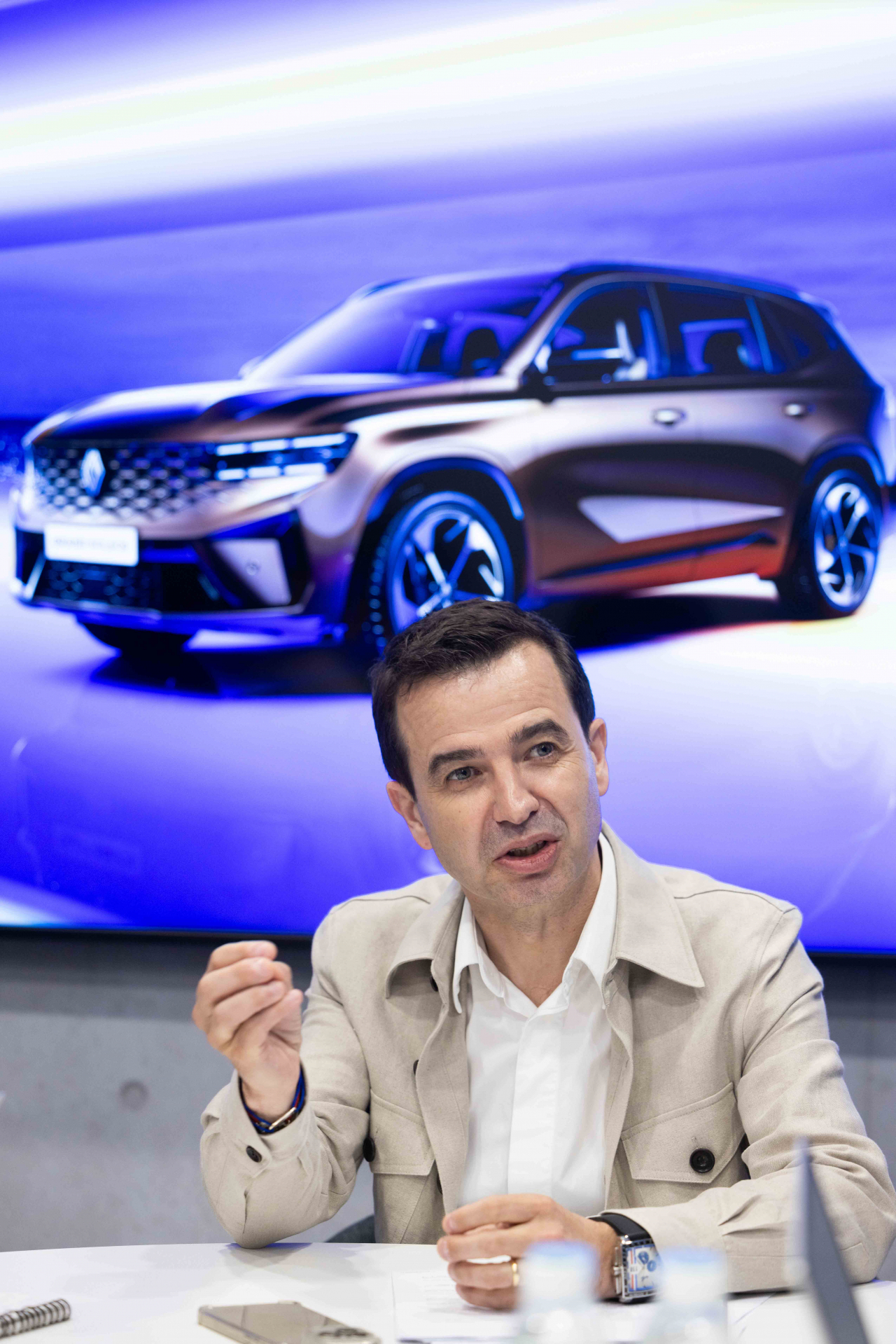 Renault Korea CEO Stephane Deblaise speaks in an interview with a group of reporters from the Korea Automobile Journalists Association at the 2024 Busan International Mobility Show on Thursday. (Renault Korea)