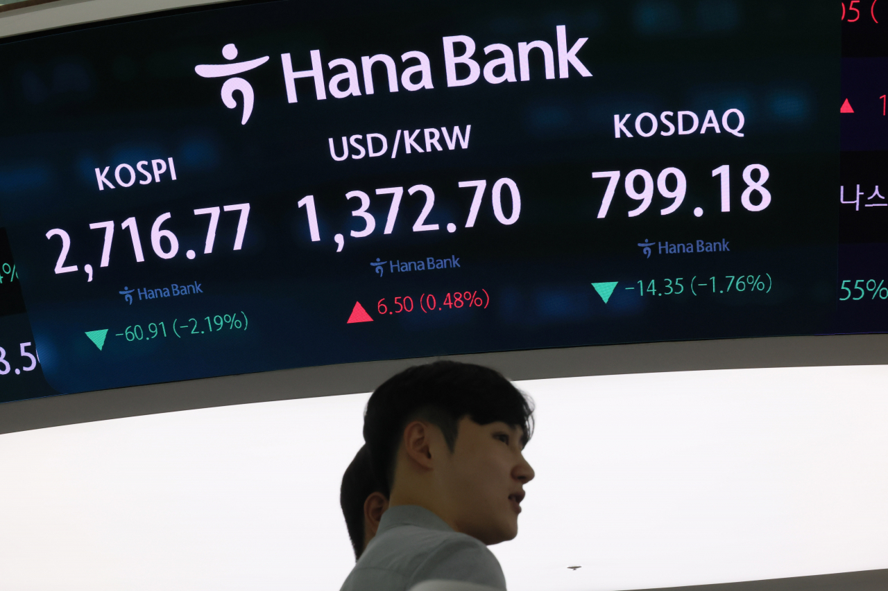 An electronic board showing the Korea Composite Stock Price Index at a dealing room of the Hana Bank headquarters in Seoul on Friday. (Yonhap)