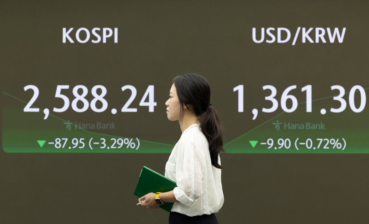 An electronic board showing the Korea Composite Stock Price Index at a dealing room of the Hana Bank headquarters in Seoul on Monday. (Yonhap)