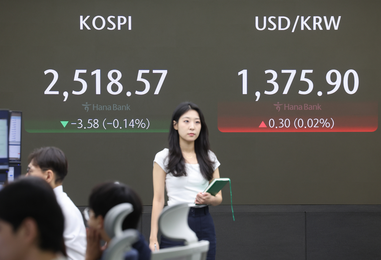 An electronic board showing the Korea Composite Stock Price Index at a dealing room of the Hana Bank headquarters in Seoul on Wednesday. (Yonhap)