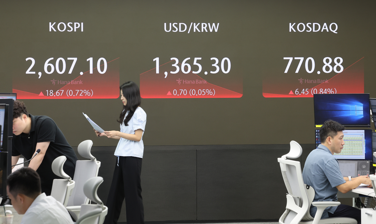 An electronic board showing the Korea Composite Stock Price Index at a dealing room of the Hana Bank headquarters in Seoul on Monday. (Yonhap)