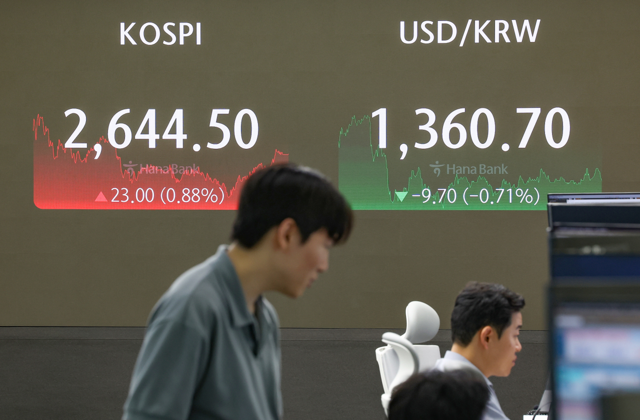 An electronic board showing the Korea Composite Stock Price Index at a dealing room of the Hana Bank headquarters in Seoul on Wednesday. (Yonhap)