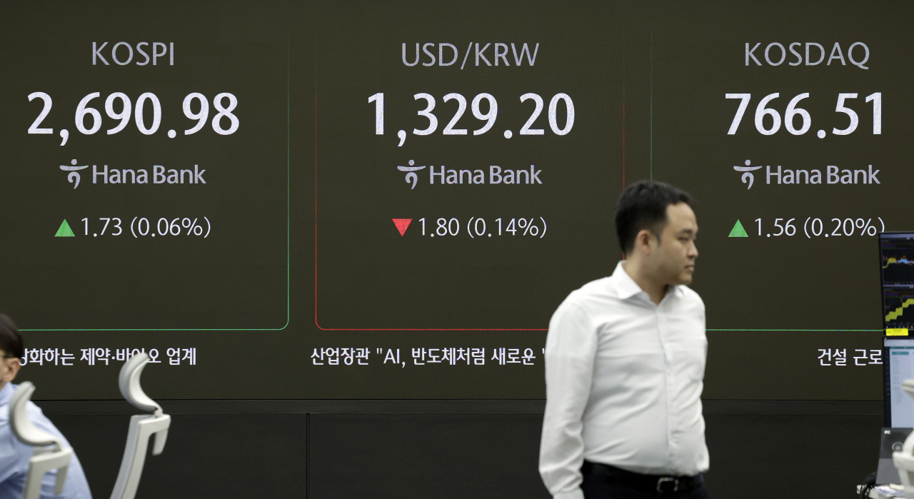 An electronic board showing the Korea Composite Stock Price Index at a dealing room of the Hana Bank headquarters in Seoul on Wednesday. (Yonhap)