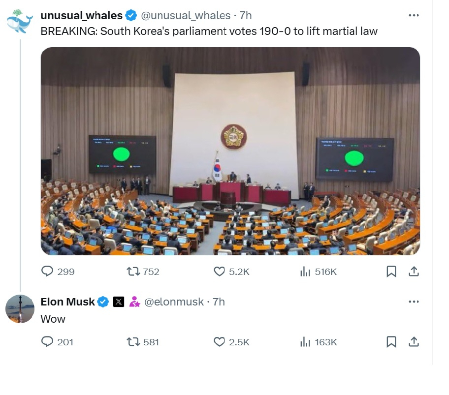 ‘Wow:’ Elon Musk reacts to South Korea’s martial law news